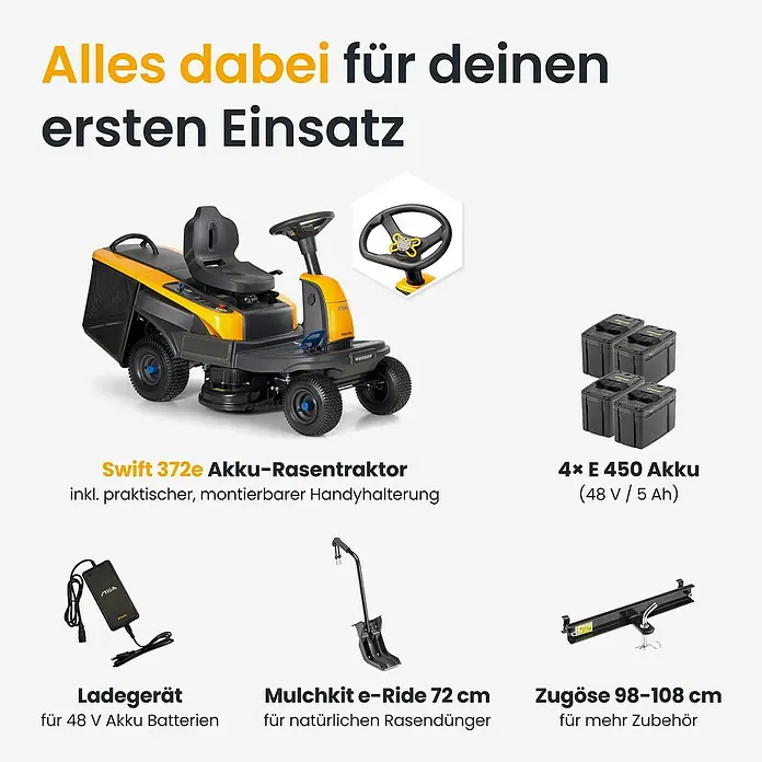 Stiga Akku-Aufsitzmäher SWIFT 372E - 48 V, 5 Ah - 20 Ah, Schnittbreite: 72 mm, Max. Flächenempfehlung: 1.600 m² - Gelber & schwarzer Stiga Swift 372e Akku-Rasentraktor mit 4 Akkus, Ladegerät, Mulchkit und Zugöse.
