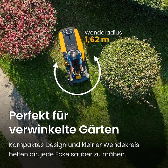 Stiga Akku-Aufsitzmäher SWIFT 372E - 48 V, 5 Ah - 20 Ah, Schnittbreite: 72 mm, Max. Flächenempfehlung: 1.600 m² - Kompakter gelb-schwarzer Aufsitzmäher, in einem Garten gefahren, mit 1,62 m Wenderadius.