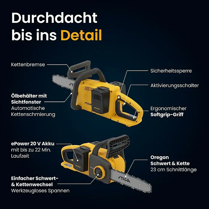 Stiga Akku-Kettensäge CS300E - 20 V, 4 Ah, Li-Ionen, 2 Akkus, Schwertlänge: 30 cm - Gelb-schwarze Akku-Kettensäge mit Sicherheitsfunktionen, ergonomischem Softgrip, automatischer Ölung und ePower 20V Akku.