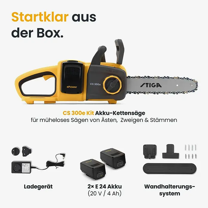 Stiga Akku-Kettensäge CS300E - 20 V, 4 Ah, Li-Ionen, 2 Akkus, Schwertlänge: 30 cm - Gelbes und graues Akku-Kettensägen-Kit mit Ladegerät, zwei Akkus und Wandhalterungssystem.