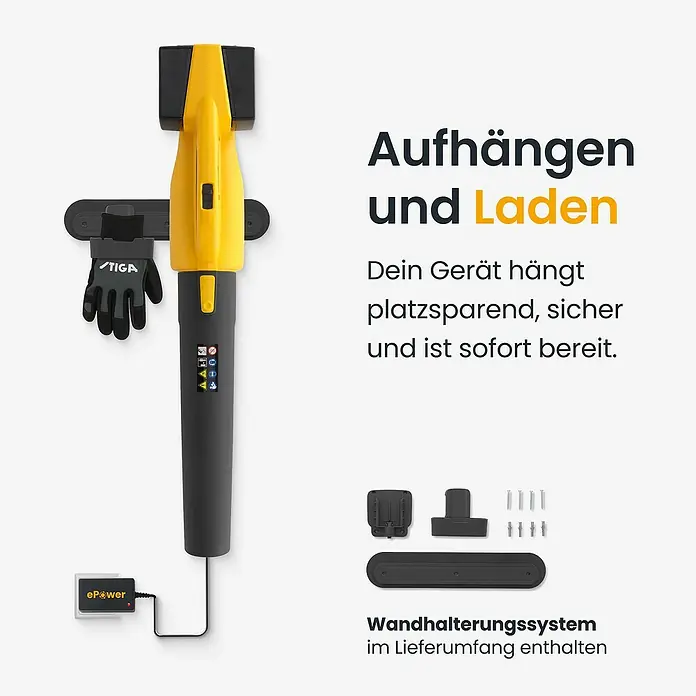 Stiga Akku-Laubbläser BL 300 E - 20 V, 2 Akkus, 4 Ah, Blasgeschwindigkeit: 42 m/s - Gelbes und dunkelgraues Gartengerät an einer Wandhalterung, wird geladen. Wandhalterungssystem-Komponenten separat gezeigt.