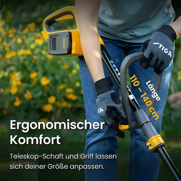 Stiga Akku-Rasentrimmer GT 300E - 20 V, 2 Ah, 2 Akkus, Schnittbreite Messer: 30 cm - Eine Person nutzt ein gelb-schwarzes Gartengerät mit verstellbarem Teleskopschaft und Griff (110-140 cm) für ergonomischen Komfort.