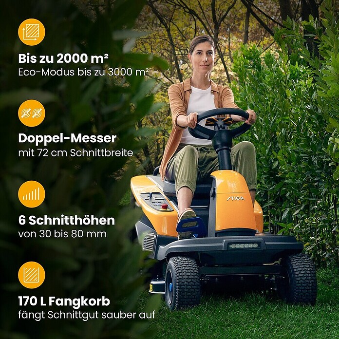 Stiga Akku-Aufsitzmäher SWIFT 372E (48 V, 5 Ah - 20 Ah, Schnittbreite: 72 mm, Max. Flächenempfehlung: 1 600 m²) | BAUHAUS