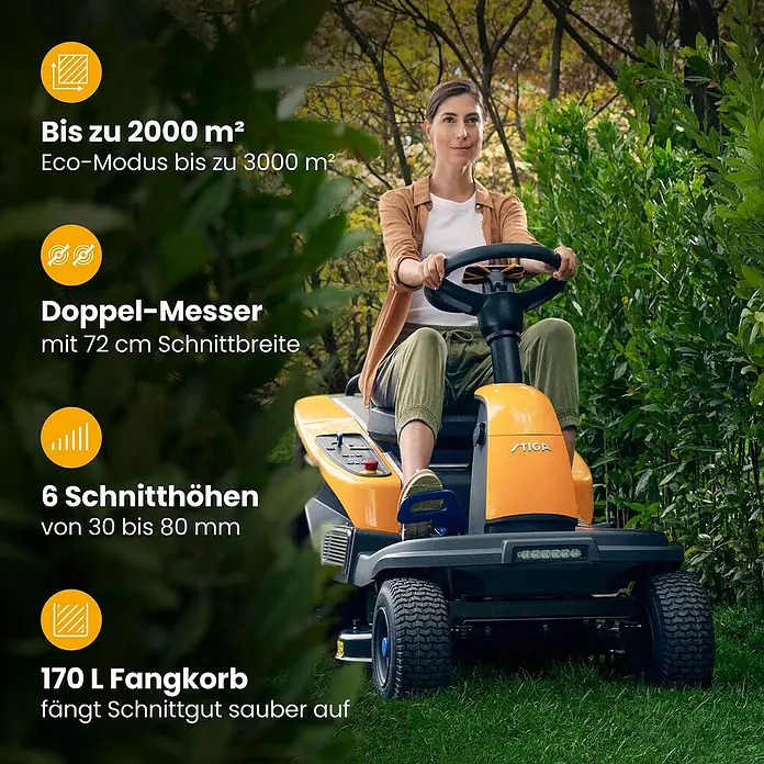 Stiga Akku-Aufsitzmäher SWIFT 372E - 48 V, 5 Ah - 20 Ah, Schnittbreite: 72 mm, Max. Flächenempfehlung: 1.600 m² - Frau auf einem gelb-schwarzen Aufsitzmäher.
