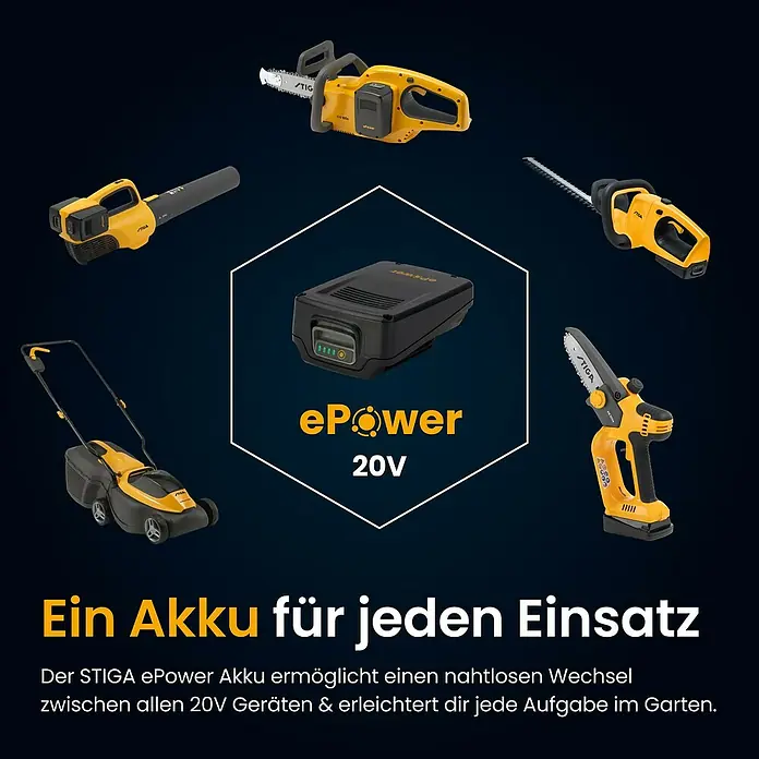 Stiga Akku-Heckenschere HT 300E - 2 Akkus, Schnittlänge: 54 cm - Ein schwarzer STIGA ePower 20V Akku in der Mitte, umgeben von verschiedenen gelb-schwarzen STIGA Akku-Gartengeräten, die die Vielseitigkeit des Akkus betonen.