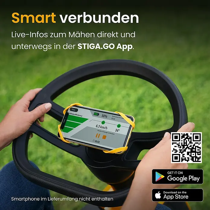 Stiga Akku-Aufsitzmäher SWIFT 372E - 48 V, 5 Ah - 20 Ah, Schnittbreite: 72 mm, Max. Flächenempfehlung: 1.600 m² - Smartphone mit STIGA.GO App auf Lenkrad, zeigt Live-Mähdaten während des Mähens.