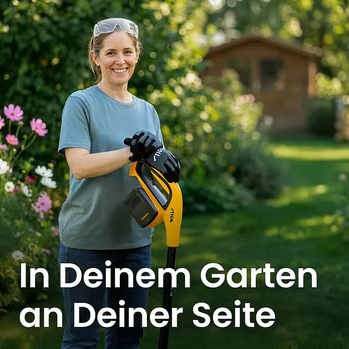 Stiga Akku-Rasentrimmer GT 300E - 20 V, 2 Ah, 2 Akkus, Schnittbreite Messer: 30 cm - Frau hält gelben und schwarzen Rasentrimmer mit Akku im Garten.