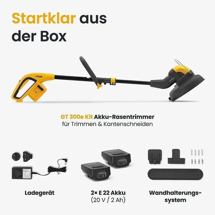 Stiga Akku-Rasentrimmer GT 300E - 20 V, 2 Ah, 2 Akkus, Schnittbreite Messer: 30 cm - Gelber und schwarzer Stiga GT 300e Akku-Rasentrimmer mit Ladegerät, 2 Akkus (20V/2Ah) und Wandhalterungssystem.