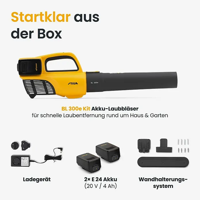 Stiga Akku-Laubbläser BL 300 E - 20 V, 2 Akkus, 4 Ah, Blasgeschwindigkeit: 42 m/s - STIGA BL 300e Akku-Laubbläser-Kit, gelb-schwarz, mit Ladegerät, zwei Akkus und Wandhalterung.
