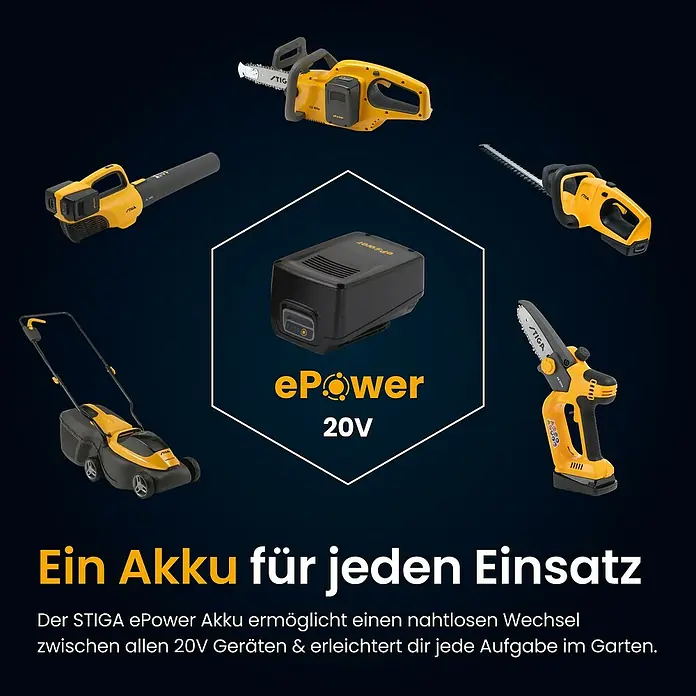 Stiga Akku-Laubbläser BL 300 E - 20 V, 2 Akkus, 4 Ah, Blasgeschwindigkeit: 42 m/s - STIGA ePower 20V Akku, schwarz-orange, ermöglicht nahtlosen Einsatz in verschiedenen Gartengeräten wie Kettensägen und Rasenmähern.