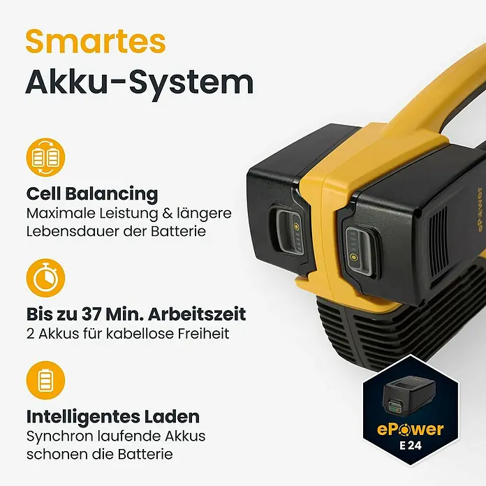 Stiga Akku-Laubbläser BL 300 E - 20 V, 2 Akkus, 4 Ah, Blasgeschwindigkeit: 42 m/s - Gelbes und schwarzes Akkugerät mit zwei sichtbaren Akkusteckplätzen, das sein intelligentes ePower E 24 Akkusystem zeigt.
