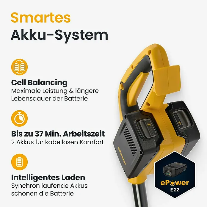 Stiga Akku-Rasentrimmer GT 300E - 20 V, 2 Ah, 2 Akkus, Schnittbreite Messer: 30 cm - Gelb-schwarzer Akku-Werkzeuggriff mit zwei Akkufächern, Teil eines smarten Batteriesystems.
