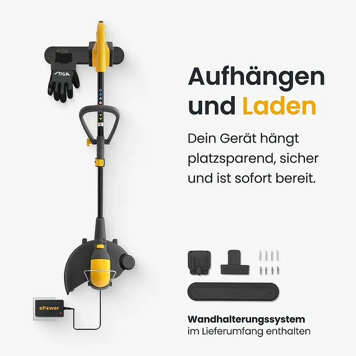 Stiga Akku-Rasentrimmer GT 300E - 20 V, 2 Ah, 2 Akkus, Schnittbreite Messer: 30 cm - Gelber und schwarzer Rasentrimmer hängt an Wandhalterung und lädt. Schwarze Handschuhe und Montagekit sind ebenfalls abgebildet.