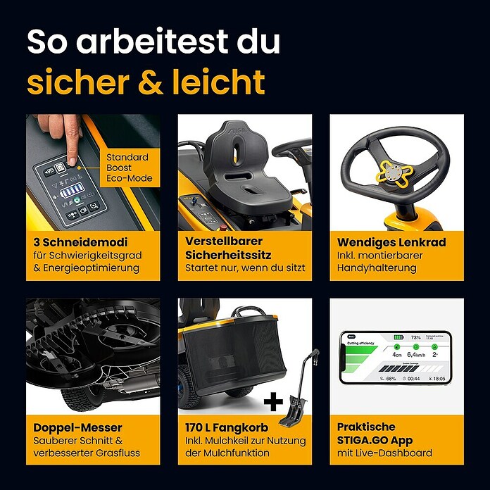 Stiga Akku-Aufsitzmäher SWIFT 372E (48 V, 5 Ah - 20 Ah, Schnittbreite: 72 mm, Max. Flächenempfehlung: 1 600 m²) | BAUHAUS