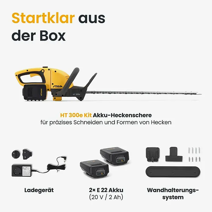Stiga Akku-Heckenschere HT 300E - 2 Akkus, Schnittlänge: 54 cm - Stiga HT 300e Akku-Heckenscheren-Kit (gelb-schwarz) mit Ladegerät, zwei 20V/2Ah Akkus und Wandhalterung.