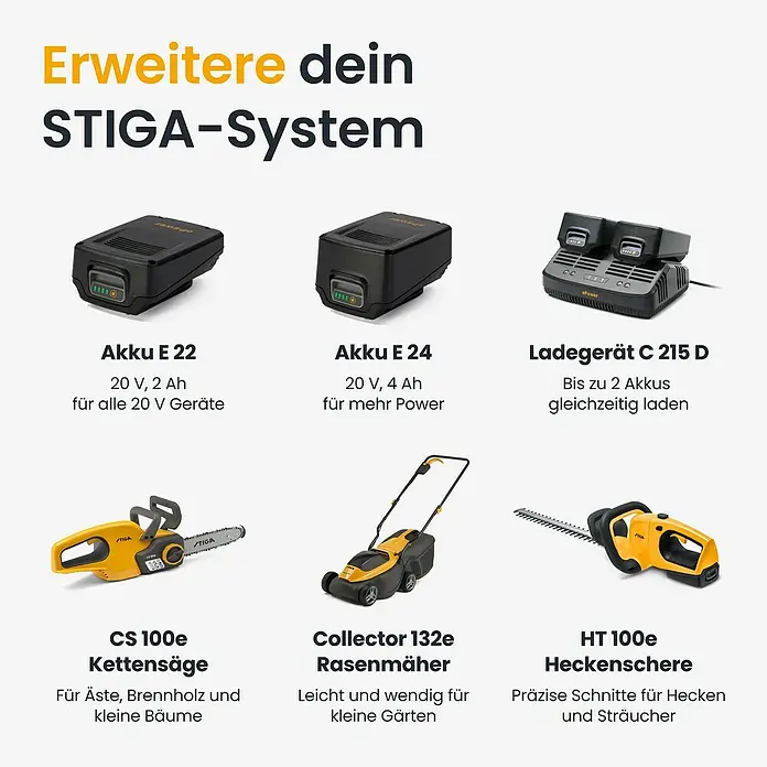 Stiga Akku-Rasentrimmer GT 300E - 20 V, 2 Ah, 2 Akkus, Schnittbreite Messer: 30 cm - Eine Sammlung von STIGA 20V ePower Akkugeräten: zwei schwarze Akkus, ein schwarzes Doppel-Ladegerät, eine gelb-schwarze Kettensäge, Rasenmäher und Heckenschere.
