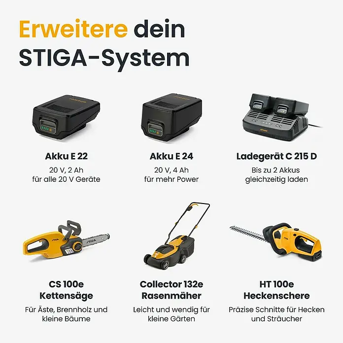 Stiga Akku-Laubbläser BL 300 E - 20 V, 2 Akkus, 4 Ah, Blasgeschwindigkeit: 42 m/s - STIGA System: Schwarze Akkus (E 22, E 24), schwarzes Dual-Ladegerät (C 215 D), gelbe Kettensäge (CS 100e), gelber Rasenmäher (Collector 132e), gelbe Heckenschere (HT 100e).