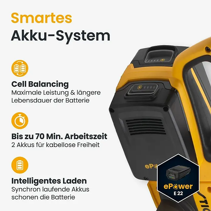 Stiga Akku-Heckenschere HT 300E - 2 Akkus, Schnittlänge: 54 cm - Gelb-schwarzes ePower Smart-Akku-System mit Zell-Balancing, bis zu 70 Min. Arbeitszeit und intelligentem Laden für lange Batterielebensdauer.