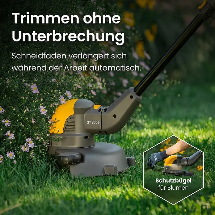 Stiga Akku-Rasentrimmer GT 300E - 20 V, 2 Ah, 2 Akkus, Schnittbreite Messer: 30 cm - Gelb-grauer Rasentrimmer GT 300e mit Schutzbügel für Blumen, beim Grasschneiden.