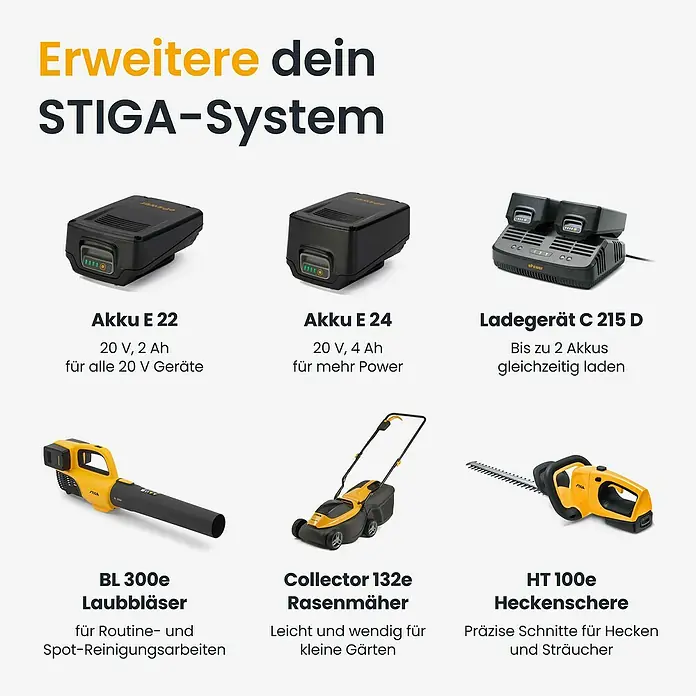 Stiga Akku-Kettensäge CS300E - 20 V, 4 Ah, Li-Ionen, 2 Akkus, Schwertlänge: 30 cm - STIGA Akku-System: zwei schwarze Akkus, ein Dual-Ladegerät und ein gelb-schwarzer Laubbläser, Rasenmäher und eine Heckenschere.