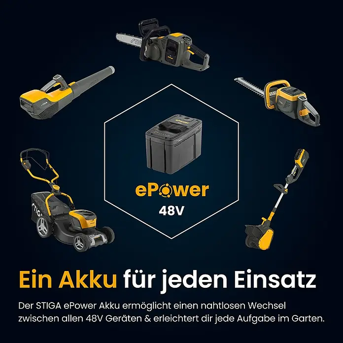 Stiga Akku-Aufsitzmäher SWIFT 372E - 48 V, 5 Ah - 20 Ah, Schnittbreite: 72 mm, Max. Flächenempfehlung: 1.600 m² - STIGA ePower 48V Akku versorgt verschiedene gelb-graue Gartengeräte: Laubbläser, Kettensäge, Heckenschere, Rasenmäher, Schneeschieber.