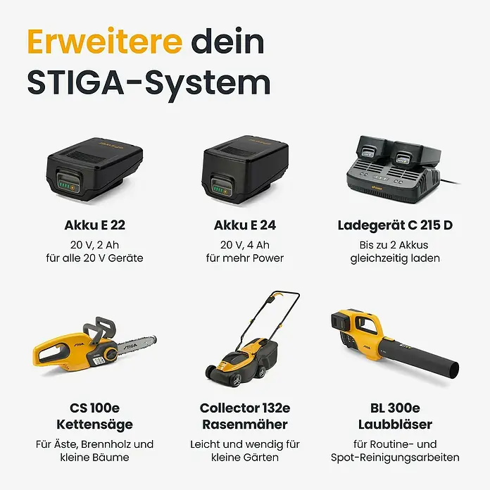Stiga Akku-Heckenschere HT 300E - 2 Akkus, Schnittlänge: 54 cm - STIGA System: schwarze Akkus, Ladegerät und gelb-schwarze Kettensäge, Rasenmäher, Laubbläser für Gartenarbeiten.