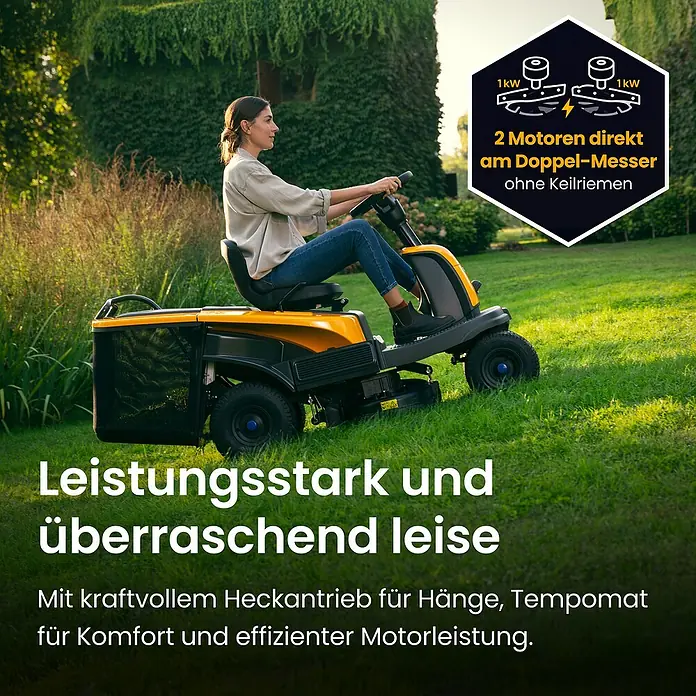 Stiga Akku-Aufsitzmäher SWIFT 372E - 48 V, 5 Ah - 20 Ah, Schnittbreite: 72 mm, Max. Flächenempfehlung: 1.600 m² - Eine Frau fährt einen gelb-schwarzen Aufsitzmäher über einen grünen Rasen.