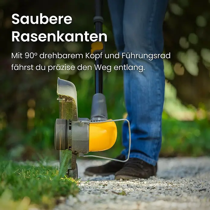 Stiga Akku-Rasentrimmer GT 300E - 20 V, 2 Ah, 2 Akkus, Schnittbreite Messer: 30 cm - Eine Person trimmt mit einem gelb-grauen Rasentrimmer mit Führungsrad präzise Rasenkanten entlang eines Kieswegs.