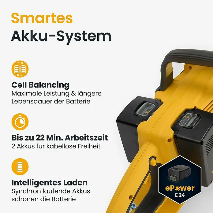Stiga Akku-Kettensäge CS300E - 20 V, 4 Ah, Li-Ionen, 2 Akkus, Schwertlänge: 30 cm - Gelbes Elektrowerkzeug mit intelligentem Akkusystem, zwei schwarzen ePower E 24 Akkus für optimale Leistung und lange Laufzeit.