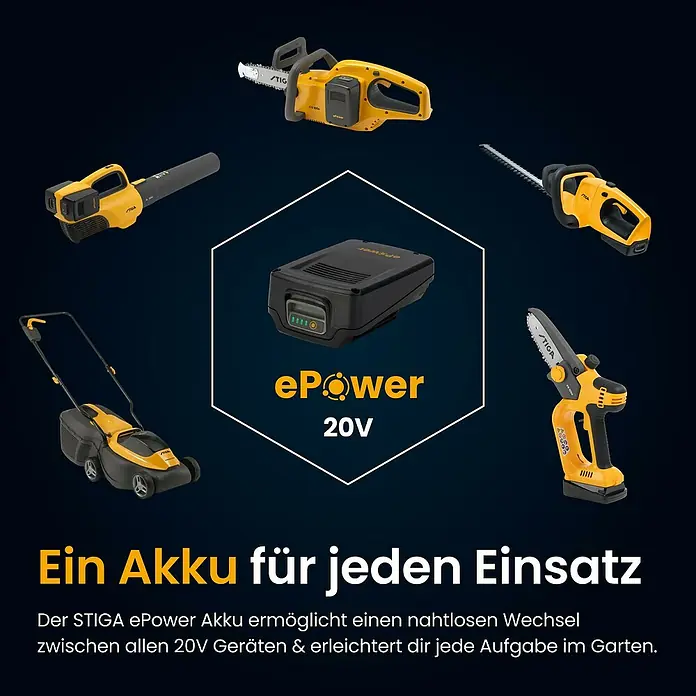 Stiga Akku-Rasentrimmer GT 300E - 20 V, 2 Ah, 2 Akkus, Schnittbreite Messer: 30 cm - Gelb-schwarzes STIGA ePower 20V Akkusystem mit verschiedenen kompatiblen Gartengeräten wie Kettensäge, Laubbläser und Rasenmäher.
