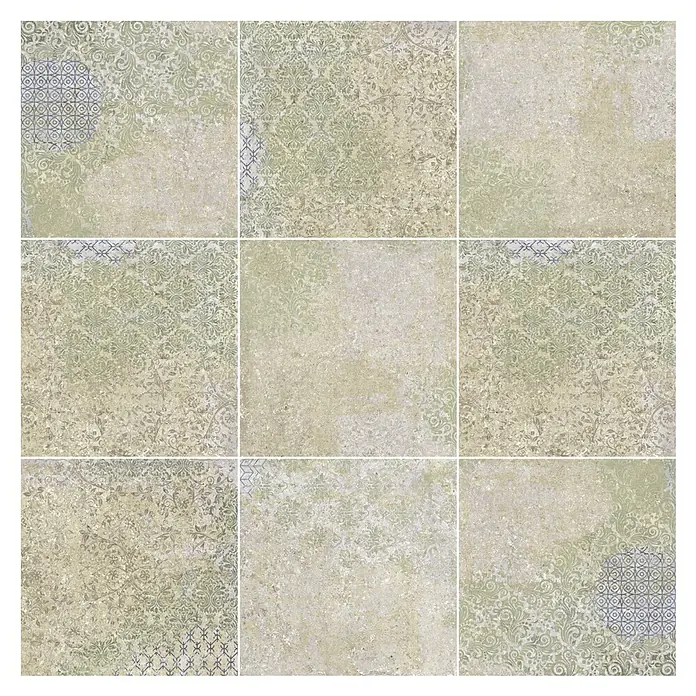 Bohemian Feinsteinzeugfliese - 59,55 x 59,55 cm, Blend, Matt - Dekorative, patinierte Fliesen mit vielfältigen Zier-Mustern in verblasstem Grün und Blau auf hellem Beige.