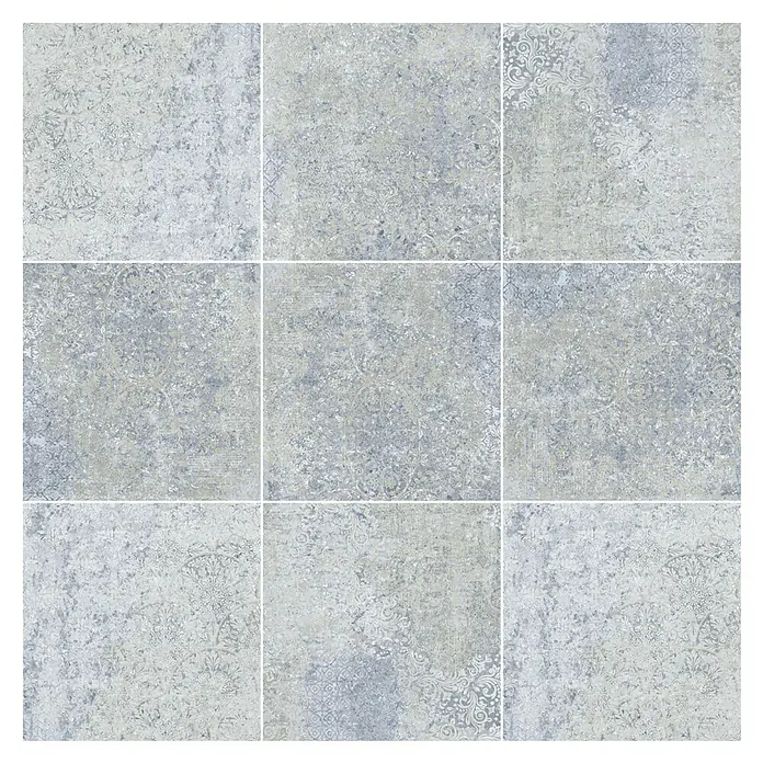 Bohemian Feinsteinzeugfliese - 59,55 x 59,55 cm, Blue, Matt - Abgenutzte grau-beige Fliesen mit filigranen Blumenmustern, ideal für Wand- oder Bodenbeläge.