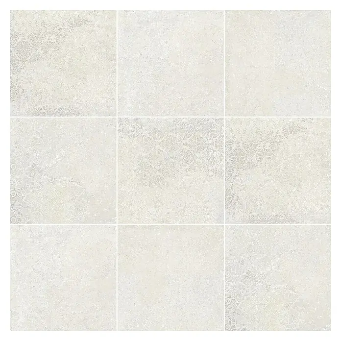 Bohemian Feinsteinzeugfliese - 59,55 x 59,55 cm, Sand, Matt - Helle, cremefarbene Keramikfliesen mit dezentem, verblasstem Ornamentmuster.