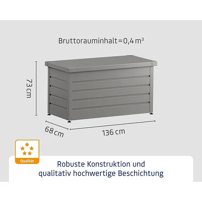 EcoStar Euroline Gartenbox - H x B x T: 72,5 x 136 x 67,2 cm, Grau, Stahl - Graue, robuste Aufbewahrungsbox. Maße: 136x68x73 cm, 0,4 m³ Bruttorauminhalt.