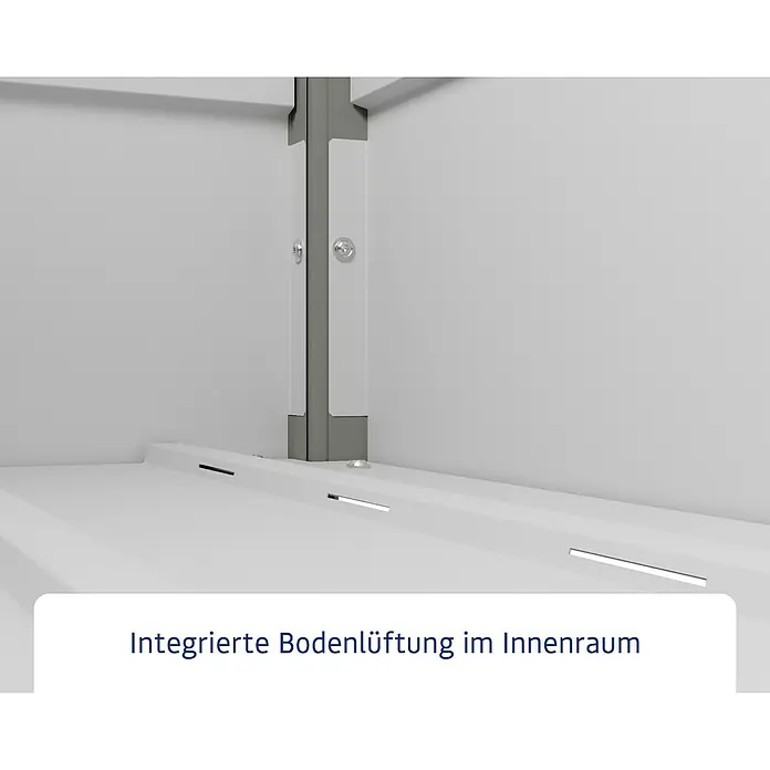 EcoStar Euroline Gartenbox - H x B x T: 72,5 x 136 x 67,2 cm, Grau, Stahl - Weißer Schrankinnenraum mit integrierten Bodenlüftungsschlitzen entlang der Basis und grauem Vertikalträger.