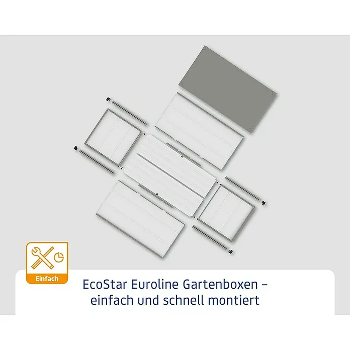 EcoStar Euroline Gartenbox - H x B x T: 87,2 x 166 x 72,5 cm, Anthrazit, Stahl - Zerlegte weiße und graue EcoStar Euroline Gartenbox-Komponenten, zur einfachen Montage ausgelegt.