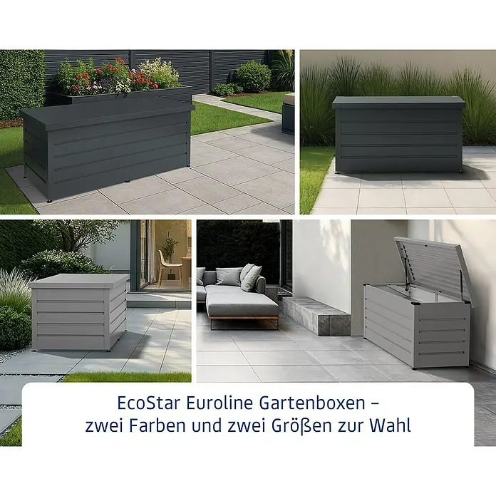 EcoStar Euroline Gartenbox - H x B x T: 87,2 x 166 x 72,5 cm, Anthrazit, Stahl - Dunkel- und hellgraue Gartenboxen in verschiedenen Größen auf Terrassen. Eine Box ist geöffnet.