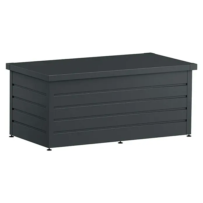EcoStar Euroline Gartenbox - H x B x T: 87,2 x 166 x 72,5 cm, Anthrazit, Stahl - Dunkelgraue rechteckige Outdoor-Aufbewahrungsbox mit Lamellenwänden und flachem Deckel auf kleinen Füßen.