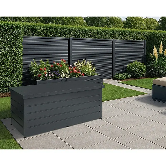 EcoStar Euroline Gartenbox - H x B x T: 87,2 x 166 x 72,5 cm, Anthrazit, Stahl - Dunkelgraue Outdoor-Aufbewahrungsbox mit Lamellen auf einer Terrasse, passend zu moderner Gartengestaltung.