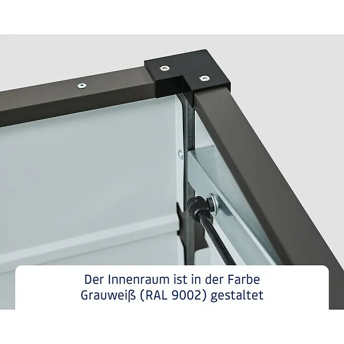 EcoStar Euroline Gartenbox - H x B x T: 87,2 x 166 x 72,5 cm, Anthrazit, Stahl - Anthrazitfarbene Rahmenecke mit schwarzem Verbinder, grauweißem Innenraum und Metall-Stützarm mit schwarzem Endstück.