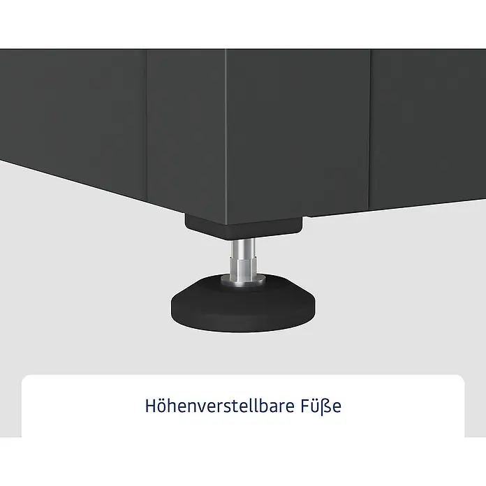 EcoStar Euroline Gartenbox - H x B x T: 87,2 x 166 x 72,5 cm, Anthrazit, Stahl - Höhenverstellbarer Fuß mit silbernem Metallschaft und schwarzer runder Basis, an dunklem Möbelbein befestigt.
