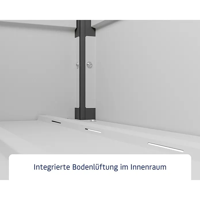 EcoStar Euroline Gartenbox - H x B x T: 87,2 x 166 x 72,5 cm, Anthrazit, Stahl - Weißer Schrankinnenraum mit dunkler Stütze und integrierten Bodenlüftungsschlitzen.