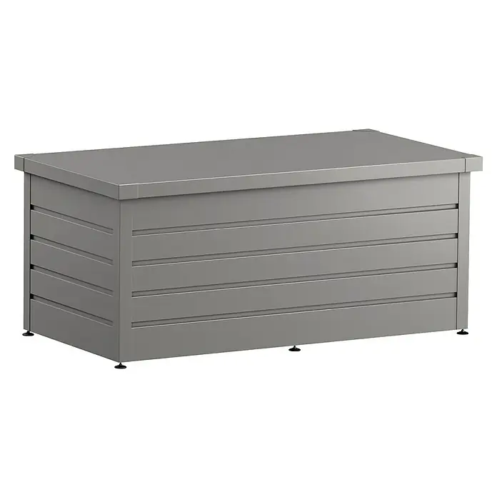 EcoStar Euroline Gartenbox - H x B x T: 87,2 x 166 x 72,5 cm, Grau, Stahl - Graue Outdoor-Aufbewahrungsbox mit Lamellen, auf kleinen Füßen stehend und mit einem Klappdeckel.