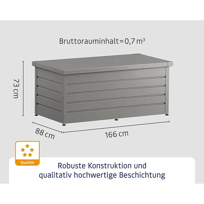 EcoStar Euroline Gartenbox - H x B x T: 87,2 x 166 x 72,5 cm, Grau, Stahl - Graue Aufbewahrungsbox mit Maßen 166x88x73 cm und 0,7 m³ Volumen, robust gebaut und hochwertig beschichtet.