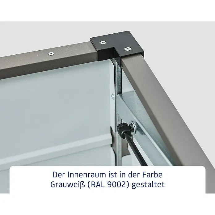 EcoStar Euroline Gartenbox - H x B x T: 72,5 x 136 x 67,2 cm, Grau, Stahl - Eckdetail eines Rahmens oder Schranks, mit graubraunen Profilen, schwarzem Verbinder und graubweißem (RAL 9002) Innenraum.