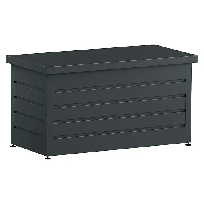 EcoStar Euroline Gartenbox - H x B x T: 72,5 x 136 x 67,2 cm, Anthrazit, Stahl - Dunkelgraue, rechteckige Outdoor-Aufbewahrungsbox mit horizontalen Lamellen und kleinen schwarzen Füßen.