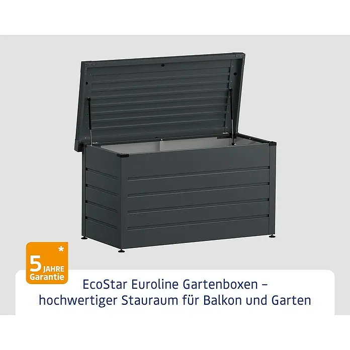 EcoStar Euroline Auflagenbox Euroline 1320 - Stahl, Anthrazit, 136 x 672 x 725 cm - Dunkelgraue Gartenbox aus Metall mit geöffnetem Deckel, zeigt den geräumigen Innenraum und Gasdruckfedern.