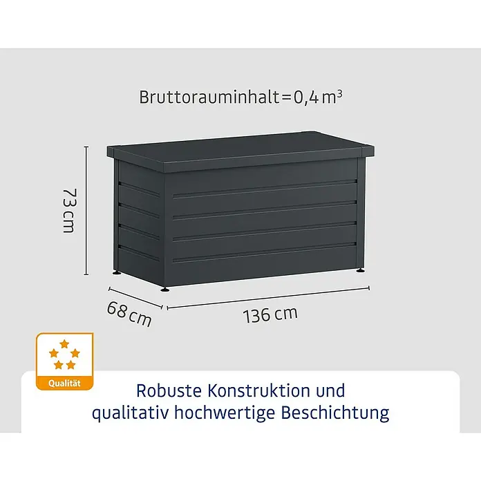 EcoStar Euroline Gartenbox - H x B x T: 72,5 x 136 x 67,2 cm, Anthrazit, Stahl - Dunkelgraue Outdoor-Aufbewahrungsbox, 136x73x68 cm, 0,4 m³ Volumen. Robust und hochwertig.