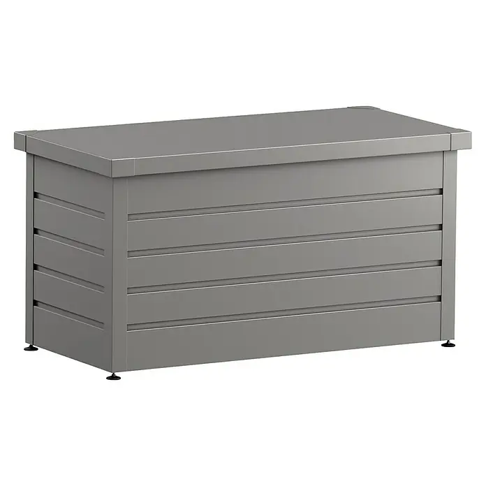 EcoStar Euroline Gartenbox - H x B x T: 72,5 x 136 x 67,2 cm, Grau, Stahl - Graue rechteckige Outdoor-Aufbewahrungsbox mit Lamellen und flachem Deckel.