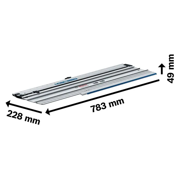 Bosch Professional Führungsschiene FSN 440 X - L x B x H: 783 x 228 x 49 mm - Silberne Bosch Professional Führungsschiene für präzises Schneiden, mit Maßskala und blauen Akzenten.
